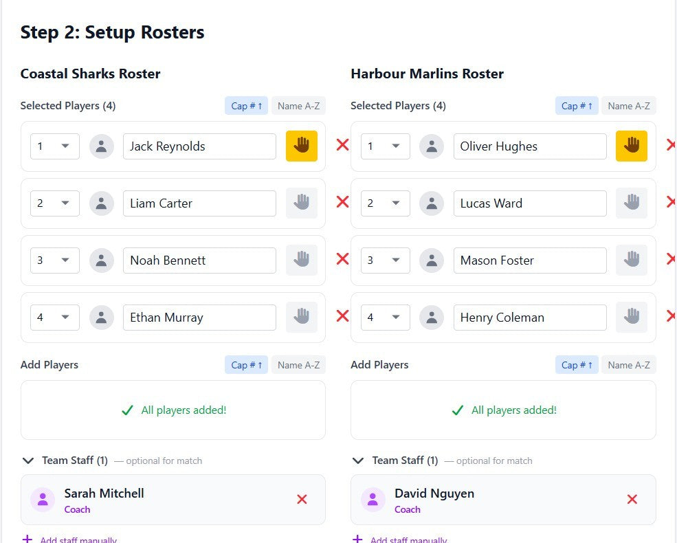 Simple roster setup before the game